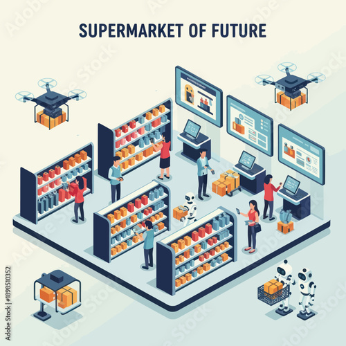 Futuristic Supermarket with Drones and Screens.
