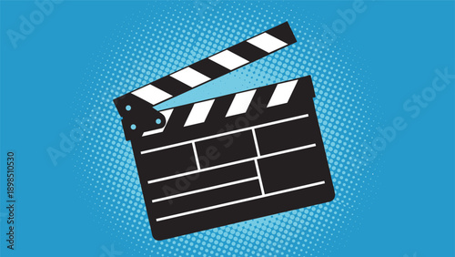 Classic movie clapperboard icon presented on a bright blue background with a halftone pop art pattern for cinema and film production themes.