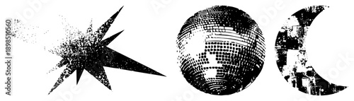 Distressed black and white vector starburst with speckled texture, pixelated disco ball, weathered moon. Retro, gritty, graphic design elements.