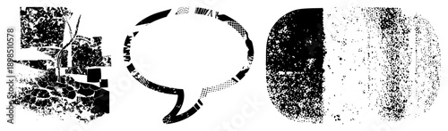 Stylized halftone speech bubble, fragmented tree silhouette, vector graphic elements, black and white design, graphic design assets.