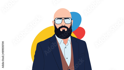 Portrait of a mature bald man with a thick black beard and glasses wearing a blue suit jacket and brown vest on a white background.