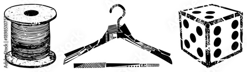 Retro spool of thread, striped clothes hanger, dotted die cube, distressed black and white vector, graphic design elements, isolated objects.