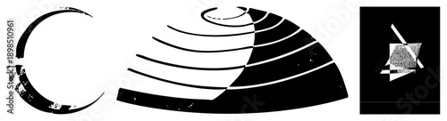 Stylized vector forms featuring curved arcs, segmented layers, and grainy textures, rendered in with halftone effects and isolated composition.