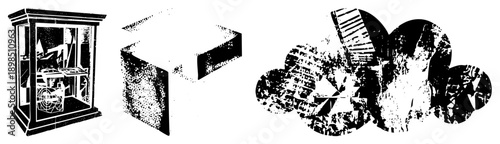 Art Deco glass display case showcasing vintage items, abstract geometric forms, halftone texture, vector illustration, isolated foreground elements.