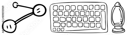 Minimalist art of keyboard, share symbol, and classic lamp, digital interface elements, flat vector, tech and design tools.