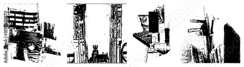 Stylized building sections, ornate columns, fragmented facades, architectural sketches, black and white vector composition, urban decay motifs.
