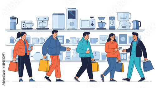 Diverse group of shoppers browsing home appliances in a store while holding shopping bags and looking at coffee machines and toasters.