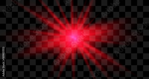 Red light effect reflections, neon illumination in red colors. Bright light lens. Police light effects, lines. Shiny stars, glowing sparks on a black background.