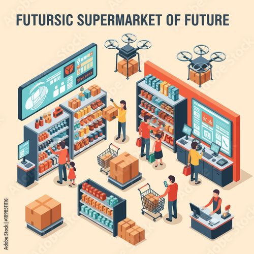 Futuristic Supermarket Scene with Drones and Customers.