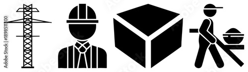 Black vector depicting power tower, construction worker, 3D cube package, delivery person with trolley, minimalist flat design.