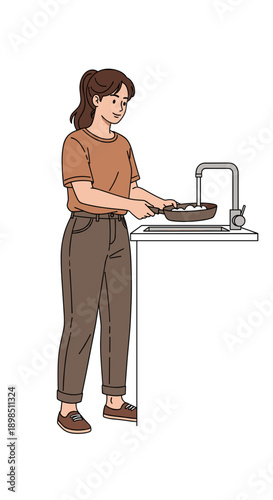 Woman washing frying pan at kitchen sink, daily dishwashing illustration  
