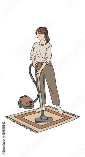 Woman vacuuming a rug at home in casual clothing  