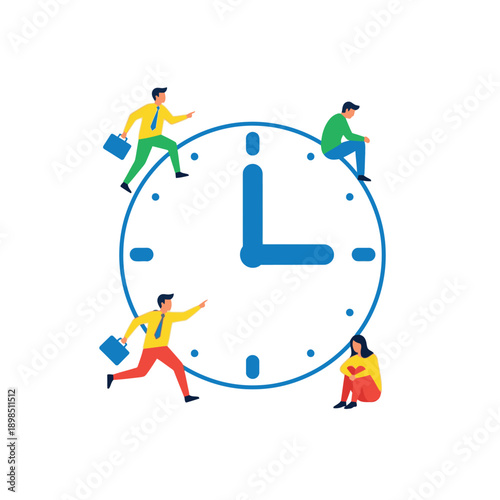 People interacting with a large clock face in various poses.