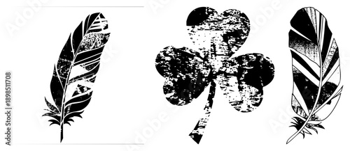 Stylized feather and clover with grunge texture, tribal tattoo art, black and white vector design, rustic graphic elements, symbolic motifs.