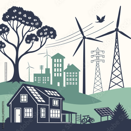 A vector graphic illustration of a sustainable eco-friendly community with renewable energy sources