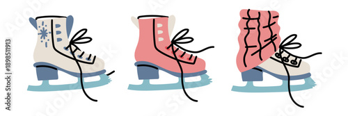 A set of colorful and diverse figure skating skates. A variety of women's skating shoes with socks and decorations for seasonal event posters, textile prints, or festive graphic design projects.