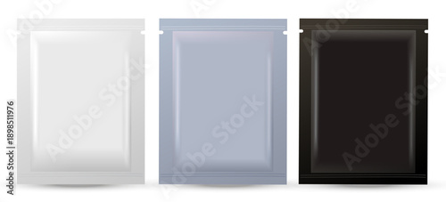 Realistic vector illustration of set of blank cosmetic sachets isolated on white background. The sachets are presented in white, gray, black colors.