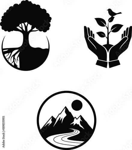 Collection of environment conservation icons featuring a tree with roots, hands holding a growing plant with a bird, and a mountain landscape with a river.