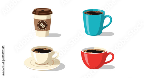 coffee cup vector icons set, takeaway mug ceramic coffee cups collection, hot beverage drink illustration isolated background design