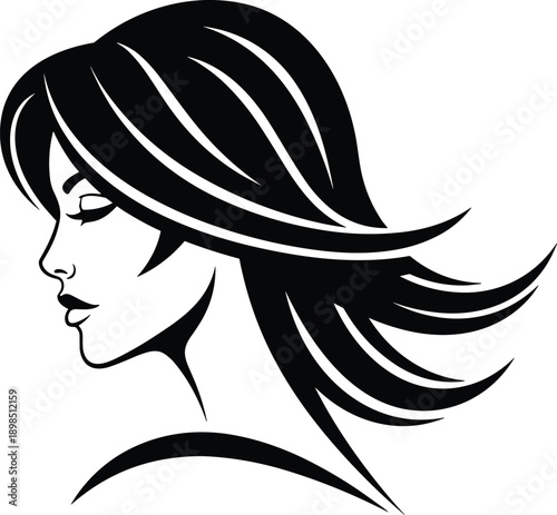 Minimalist Black and White Vector Illustration Featuring a Beautiful Woman Side Profile with Long Flowing Hair for Haircare Salon Branding