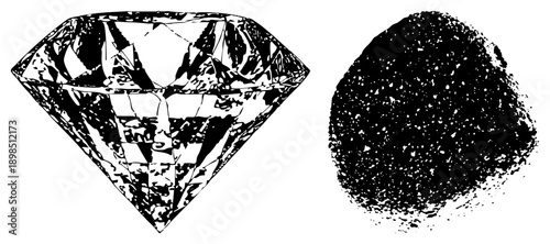 Cut diamond gemstone with facets, raw diamond ore, structure, mineral specimen, black carbon dust, geological origin, gemology study.