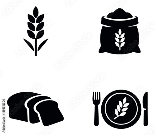 Modern glyph agriculture and bakery icons set featuring essential wheat and bread elements for food production and healthy eating concepts