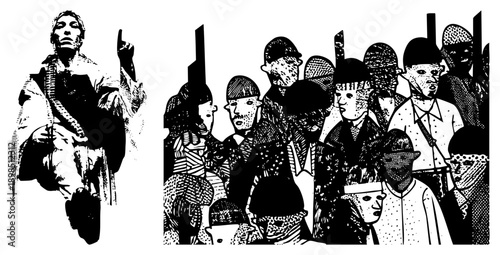 Black and white halftone crowd scene, stylized historical figures, graphic illustration, vintage poster art, urban gathering, composition.
