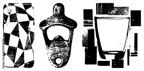 Retro bottle opener with textured wear, geometric checkered box, classic tumbler glass, distressed vector art, design, vintage graphic elements.