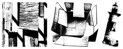 Stylized architectural fragments rendered in halftone, abstract shapes, graphic design elements, vector illustration, composition.