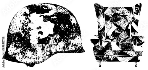Worn combat helmet with camouflage texture, geometric armchair with fragmented, vector art, isolated design elements, stylized furniture, wartime gear, graphic illustration.