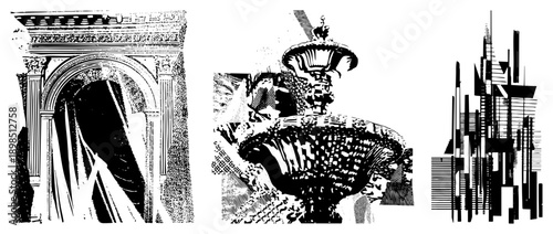 Detailed architectural arch with Corinthian columns, ornamental fountain with cascading water, abstract cityscape with vertical. Vector art, halftone texture, black and white.