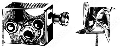 Retro lens camera with textured shading, paired with stylized windmill graphic, both rendered in halftone vector art, isolated on transparent background.