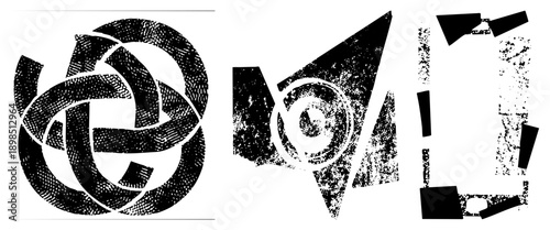 Three stylized abstract forms with halftone shading and distressed texture, vector art, graphic design elements, modern minimalism, isolated foreground.