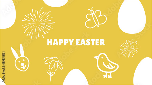 Playful Easter banner with hand drawn bunny, chick and floral doodles on bright yellow background. Fun spring design for kids and holiday marketing.