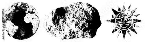 Earth globe, lunar surface, stylized sun with face, halftone texture, celestial symbols, cosmic design, graphic illustration.