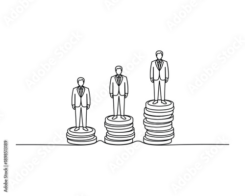 Illustration of three businessmen standing on stacks of coins representing financial growth and success