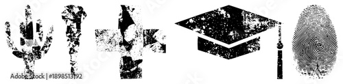 Distressed black desert cactus, ceremonial torch,, academic cap, human fingerprint. Vector symbols with gritty texture, isolated on transparent background.