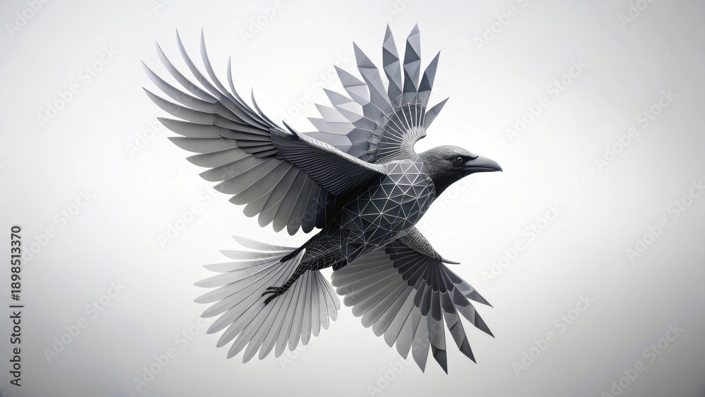Obraz premium Abstract Geometric Raven in Flight A Monochromatic Study of Wings and Form