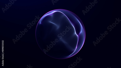 Abstract energy orb with navy blue and purple dispersed flowing light on dark background. Futuristic digital sphere with dynamic motion feel, soft depth and atmospheric glow.