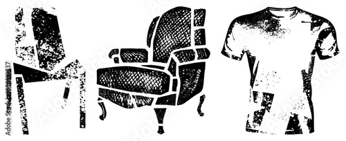Grungy black and white vector silhouettes of a chair, armchair, and t shirt with distressed textures, isolated graphic elements, retro aesthetic, fashion and furniture.