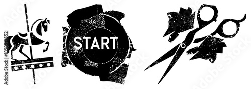 Stylized black silhouettes of carousel horse, start button, and scissors with distressed texture, graphic design elements, vector, isolated foreground.
