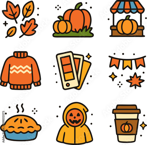 Autumnthemed items like pumpkins, leaves, and a cozy sweater. Ideal for autumn promotions, social media posts, and seasonal designs.