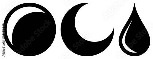 Minimalist black vector featuring moon, full circle, and water droplet, ideal for UI design, branding, or symbolic representation. Also known as glyph symbols or abstract shapes.