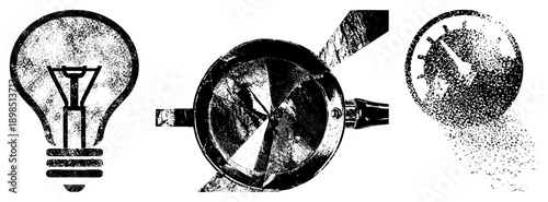 Classic halftone rendered symbols lightbulb, ceiling fan, analog clock stylized in vector art, ideal for retro UI or print.