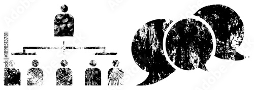 Organizational chart showing manager and team members, communication flow via speech bubbles, corporate hierarchy diagram, team structure visualization, leadership model.