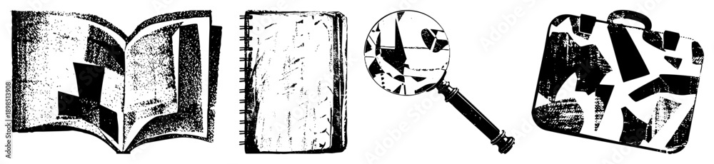 Fototapeta premium Study tools and office essentials rendered in halftone, including open book, spiral notebook, magnifying glass, and briefcase, ideal for education or business contexts.