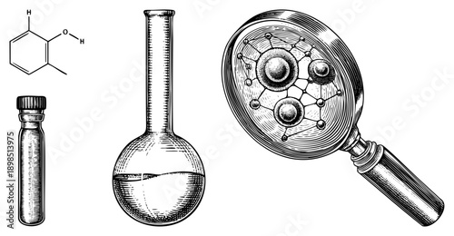 Chemistry lab equipment including test tube, round bottom flask, magnifying glass revealing atomic bonds, chemical formula, research tools.