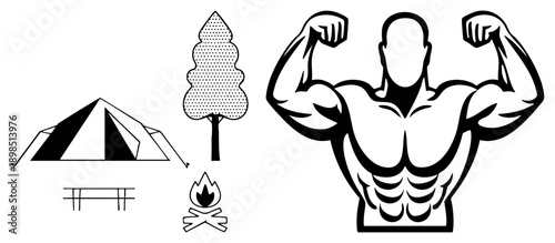 Strong male athlete flexing arms, outdoor camping gear including tent and campfire, stylized forest tree, wilderness adventure set.