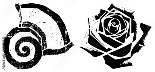 Graphic design featuring a snail and rose, halftone texture, bold,, isolated symbols, tattoo art, stencil style.