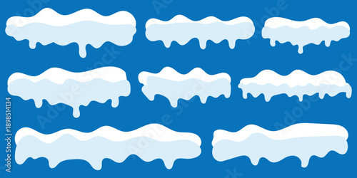 Vector cartoon illustration of snow caps and snowdrifts in various shapes and sizes